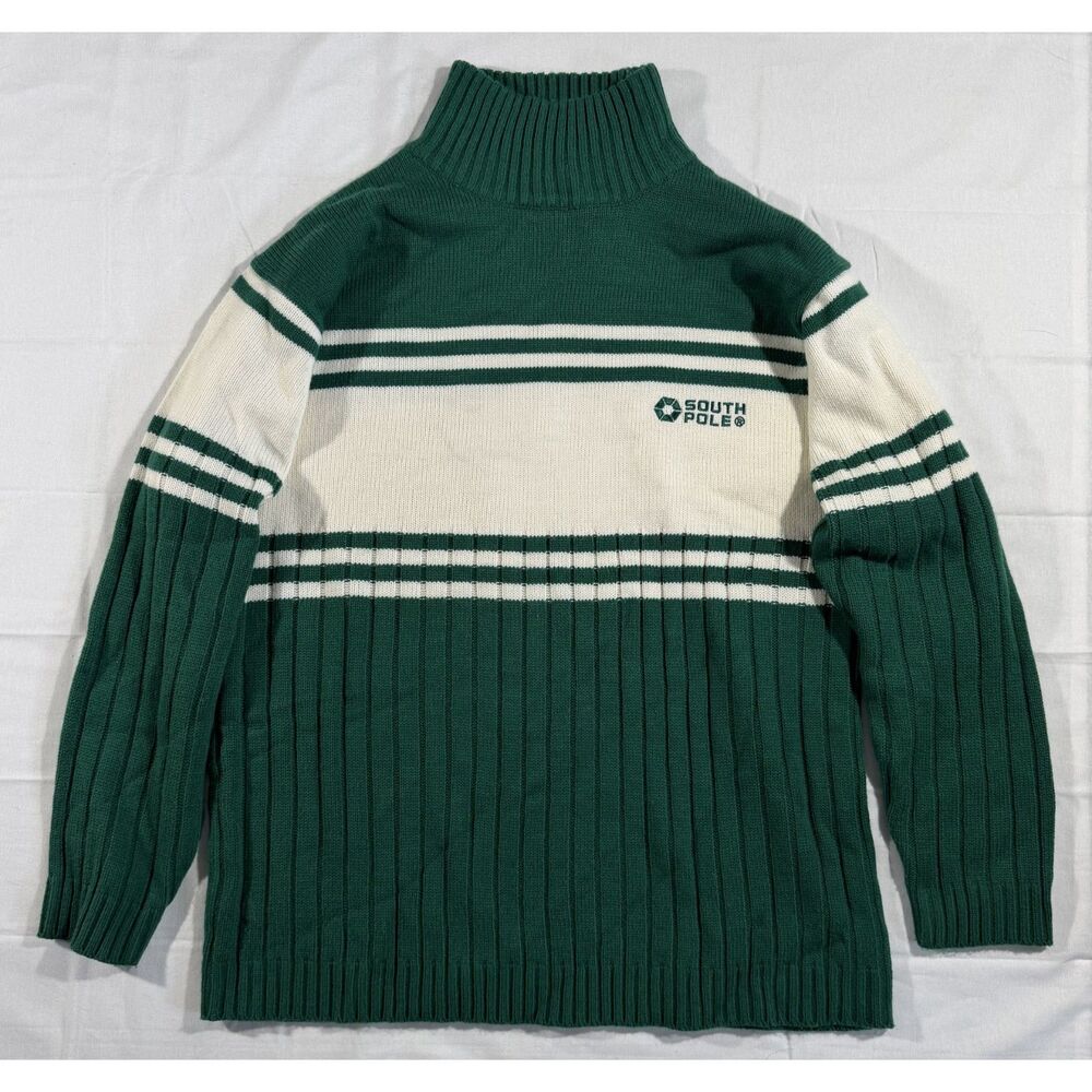 Vintage Y2K Southpole Men’s L Green Cream Striped Mock Neck Sweater
